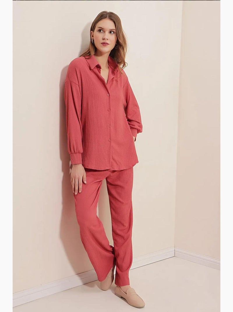 Conjunto coordenado em malha texturizada com camisa de malha de manga comprida e calças bdart Rosa velho - Kiabi
