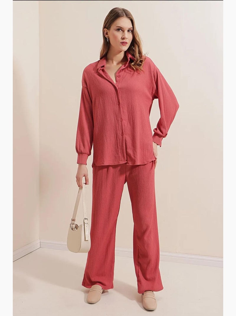 Conjunto coordenado em malha texturizada com camisa de malha de manga comprida e calças bdart Rosa velho - Kiabi