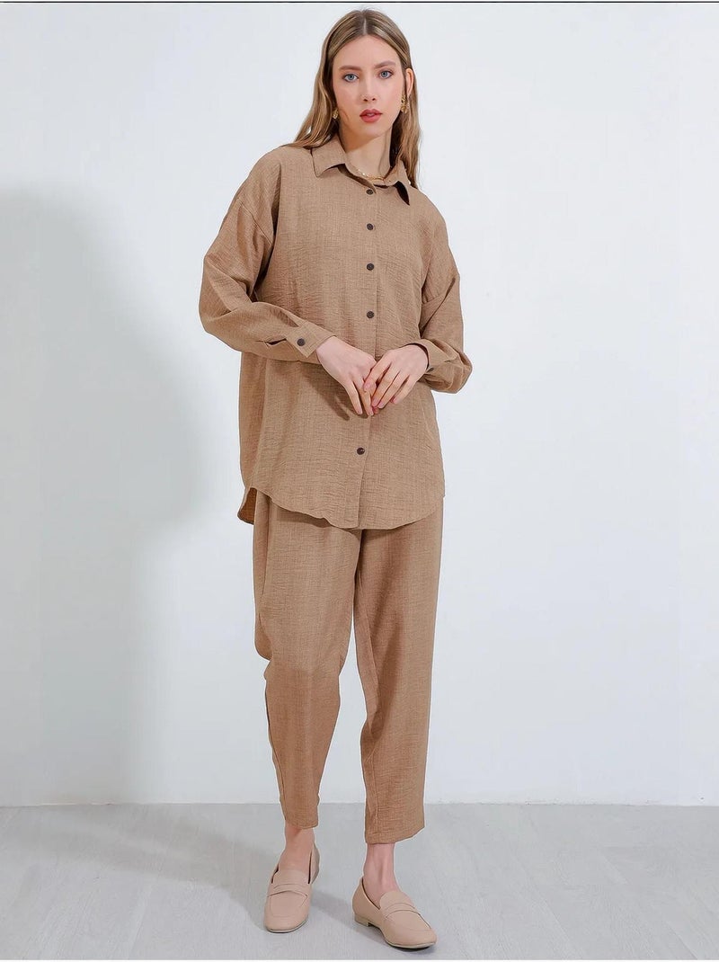 Conjunto coordenado em mistura de linho com camisa de manga comprida e calças bdart Camelo - Kiabi