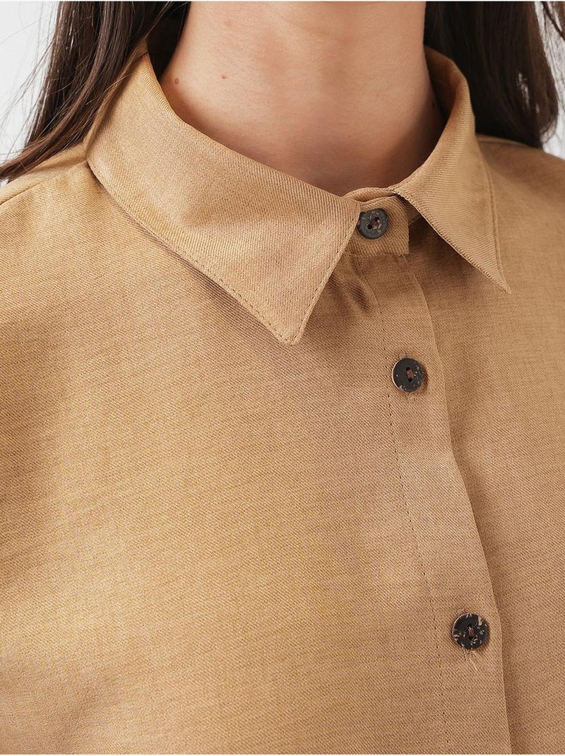 Conjunto coordenado em mistura de linho com camisa de manga comprida e calças bdart Camelo - Kiabi
