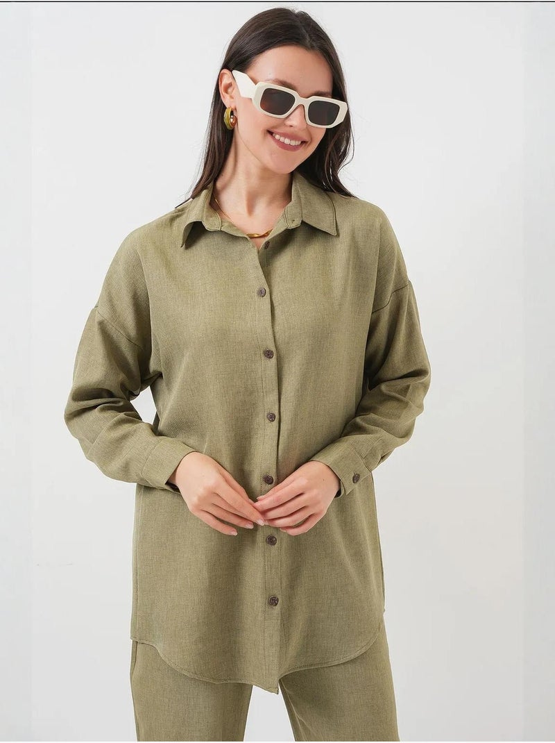Conjunto coordenado em mistura de linho com camisa de manga comprida e calças bdart Cáqui - Kiabi