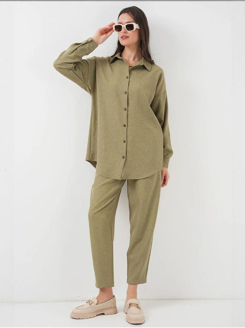 Conjunto coordenado em mistura de linho com camisa de manga comprida e calças bdart Cáqui - Kiabi