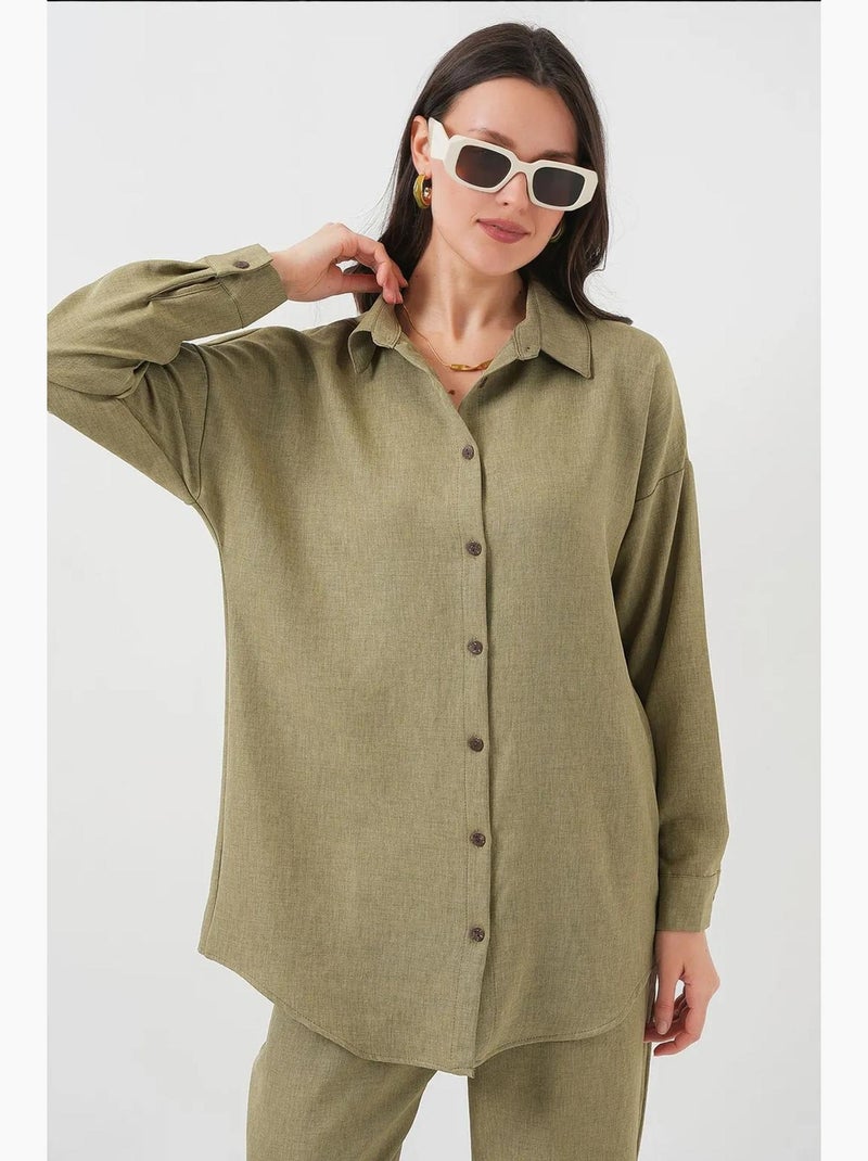 Conjunto coordenado em mistura de linho com camisa de manga comprida e calças bdart Cáqui - Kiabi