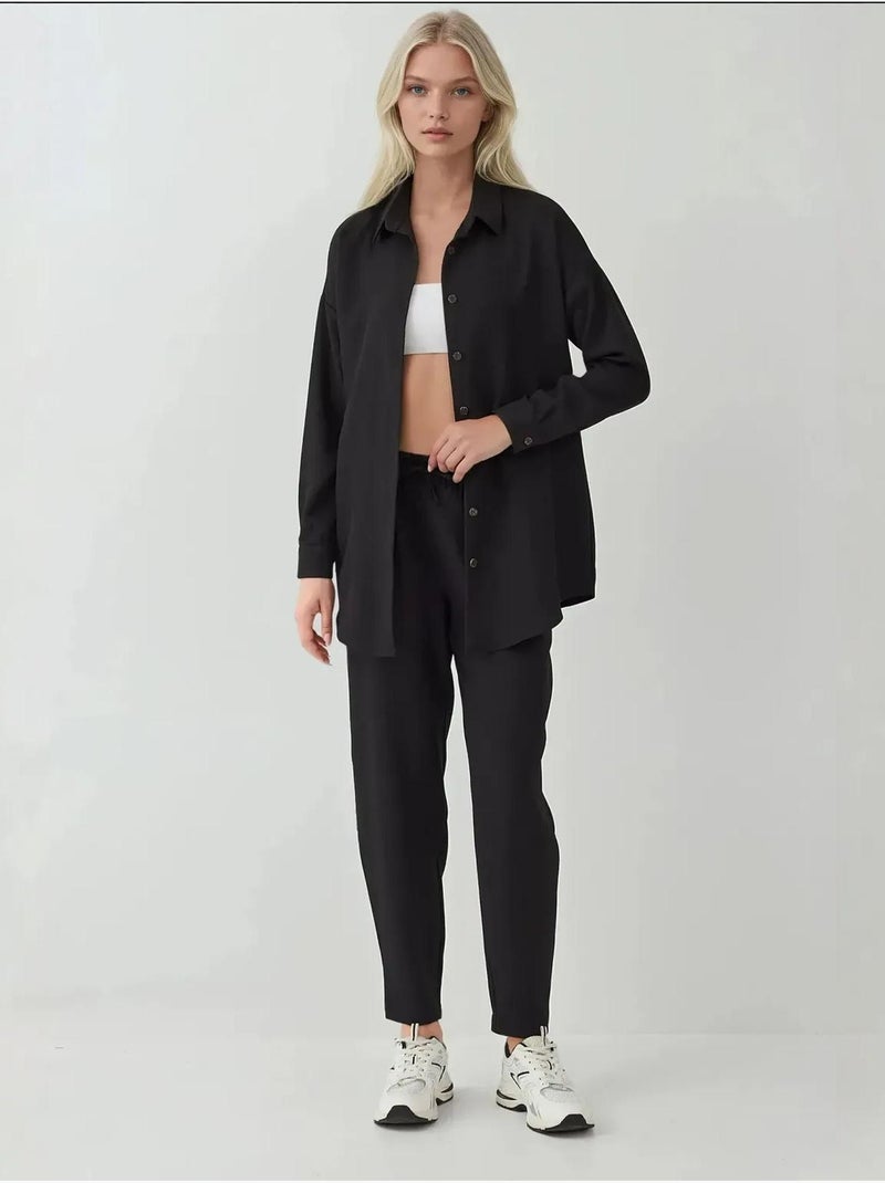 Conjunto coordenado em mistura de linho com camisa de manga comprida e calças bdart Preto - Kiabi