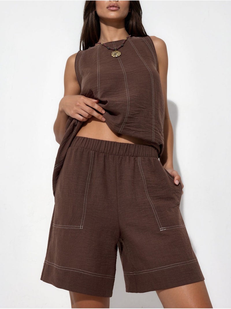 Conjunto coordenado relax fit com detalhes de pesponto hiccup Castanho-chocolate - Kiabi