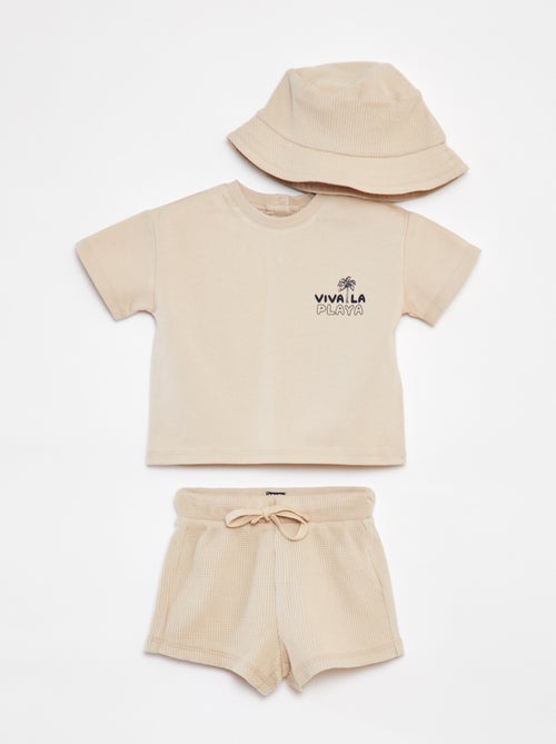 Conjunto curto t-shirt + calções + chapéu - 3 peças - Kiabi
