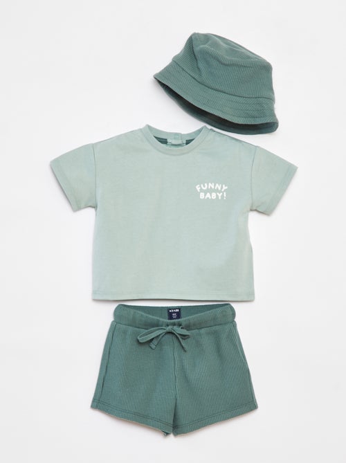 Conjunto curto t-shirt + calções + chapéu - 3 peças - Kiabi