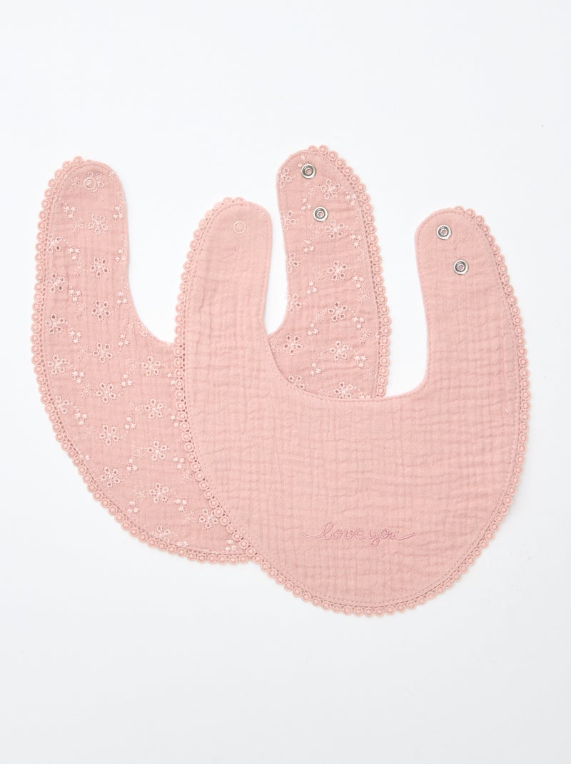 Conjunto de 2 babetes em musselina com bordado inglês Rosa - Kiabi