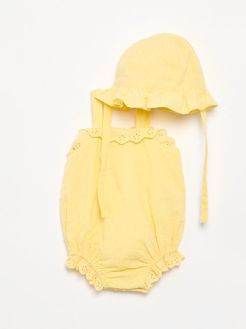 Conjunto de 2 peças - macacão de bebé + chapéu - Kiabi Conjunto de 2 peças - macacão de bebé + chapéu - Kiabi