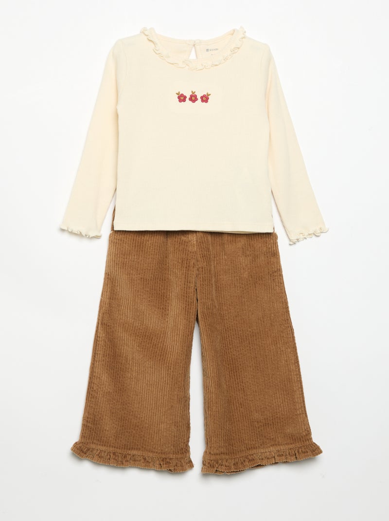 Conjunto de 2 peças - T-shirt + calças de veludo Branco - Kiabi