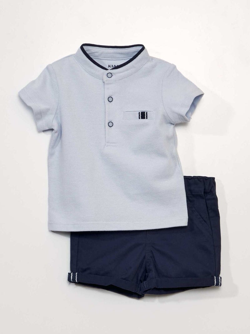 Conjunto de 2 peças  - T-shirt estilo polo + calções de sarja AZUL - Kiabi