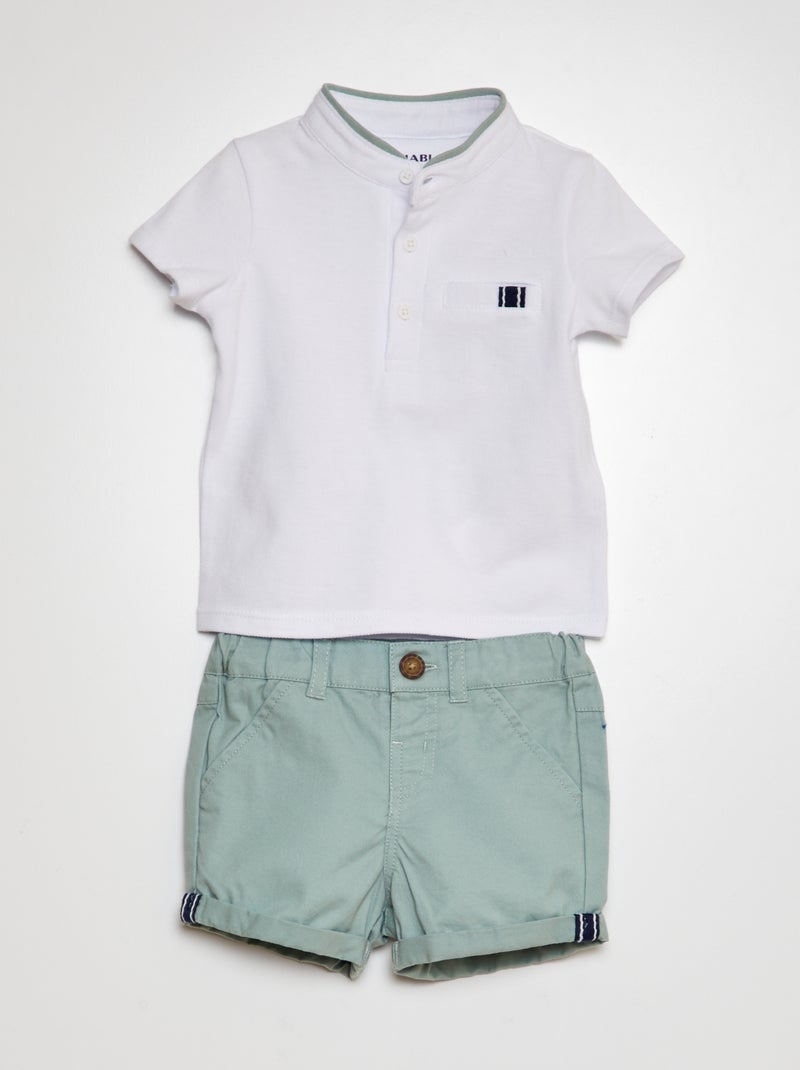 Conjunto de 2 peças  - T-shirt estilo polo + calções de sarja VERDE - Kiabi