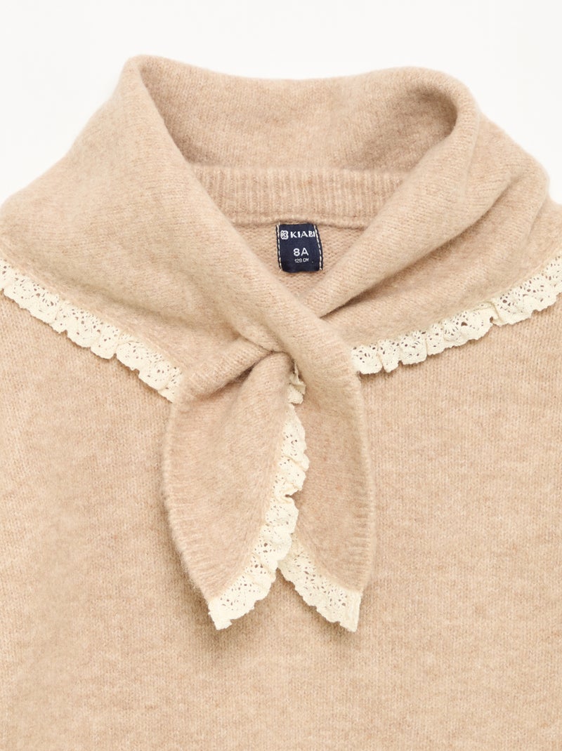 Conjunto de 2 peças com bordas em croché - Camisola + cachecol Bege - Kiabi