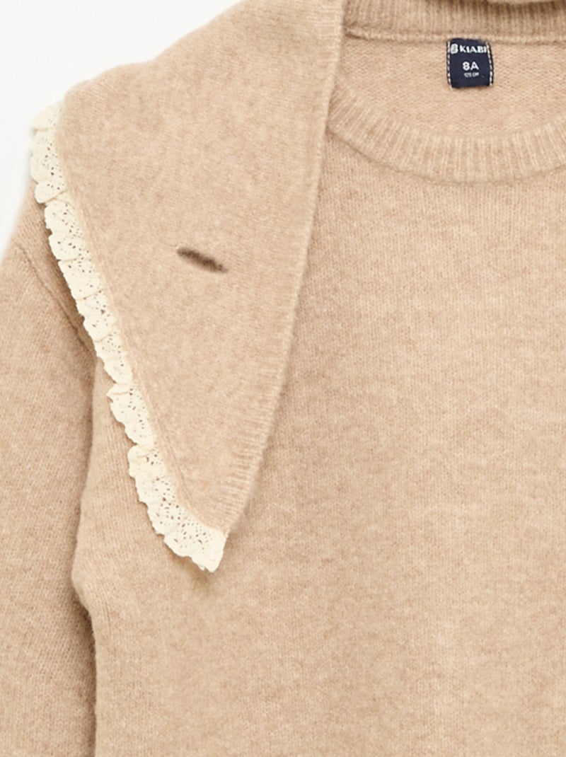 Conjunto de 2 peças com bordas em croché - Camisola + cachecol Bege - Kiabi