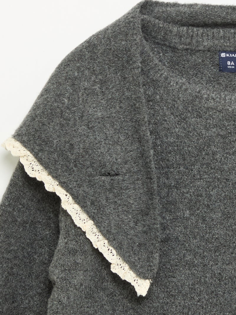 Conjunto de 2 peças com bordas em croché - Camisola + cachecol Cinza - Kiabi