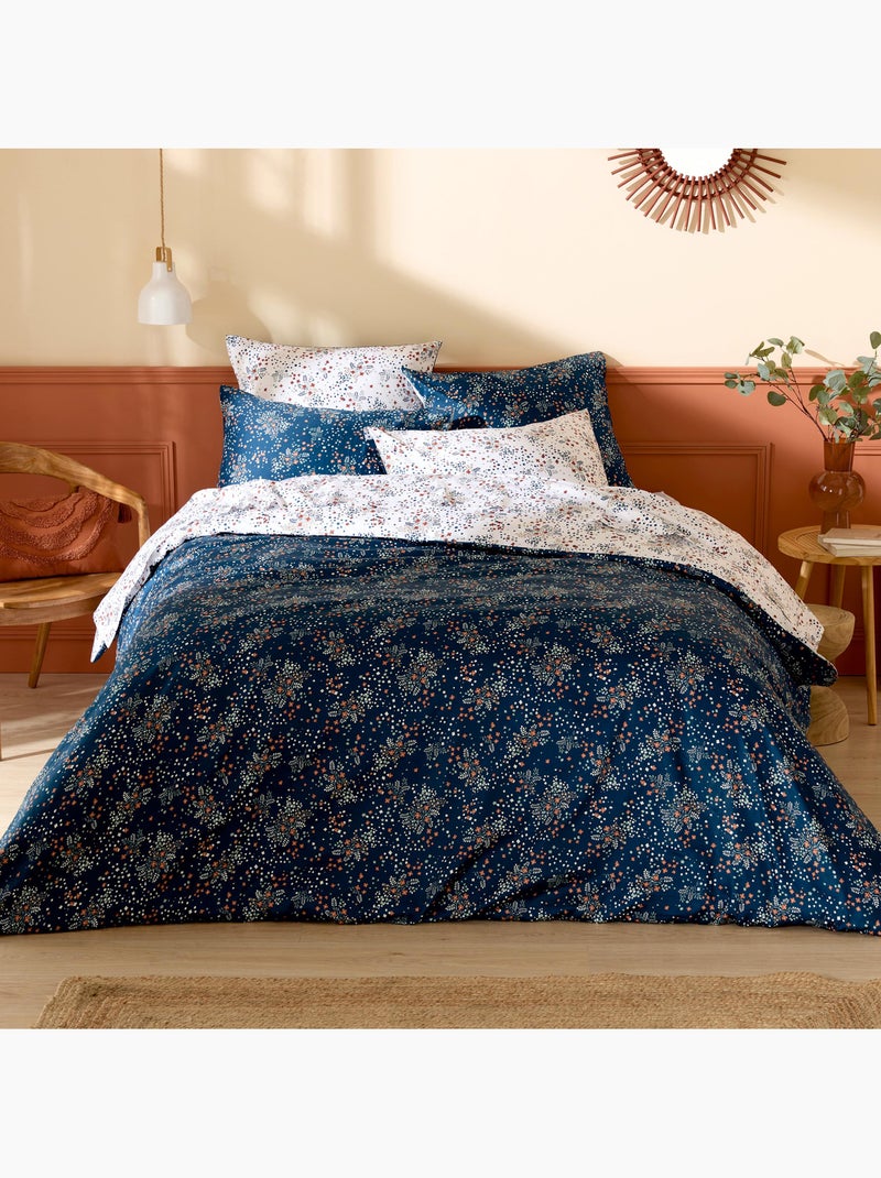 Conjunto de 2 peças de roupa de cama, floral em algodão acetinado com 110 fios, capa e fronha Azul-marinho - Kiabi