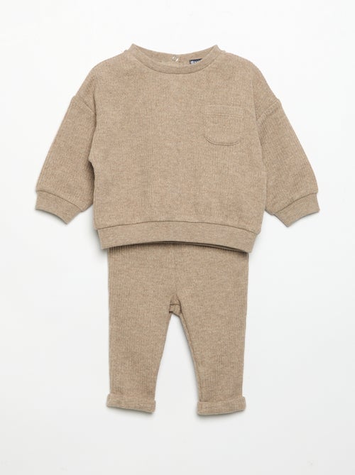 Conjunto de 2 peças em malha canelada - Sweatshirt + calças - Kiabi