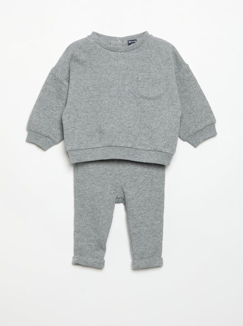 Conjunto de 2 peças em malha canelada - Sweatshirt + calças - Kiabi