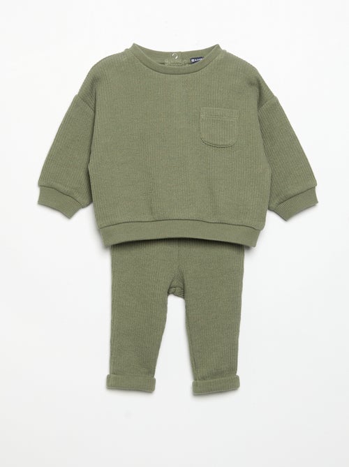 Conjunto de 2 peças em malha canelada - Sweatshirt + calças - Kiabi