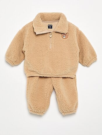 Conjunto de 2 peças em tecido com aspeto de lã de ovelha - Sweatshirt + Calças