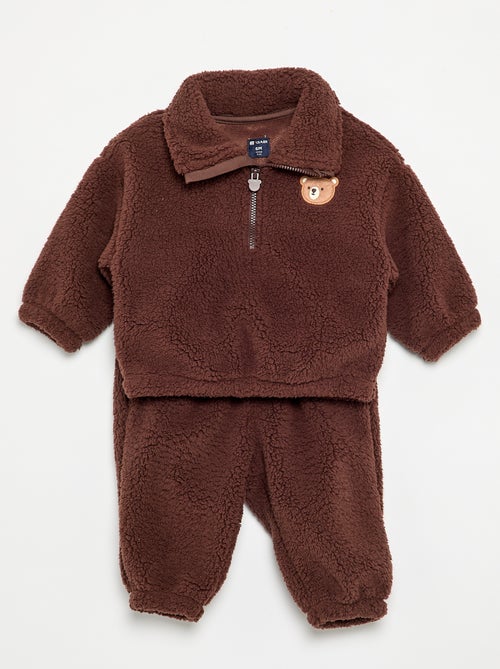 Conjunto de 2 peças em tecido com aspeto de lã de ovelha - Sweatshirt + Calças - Kiabi