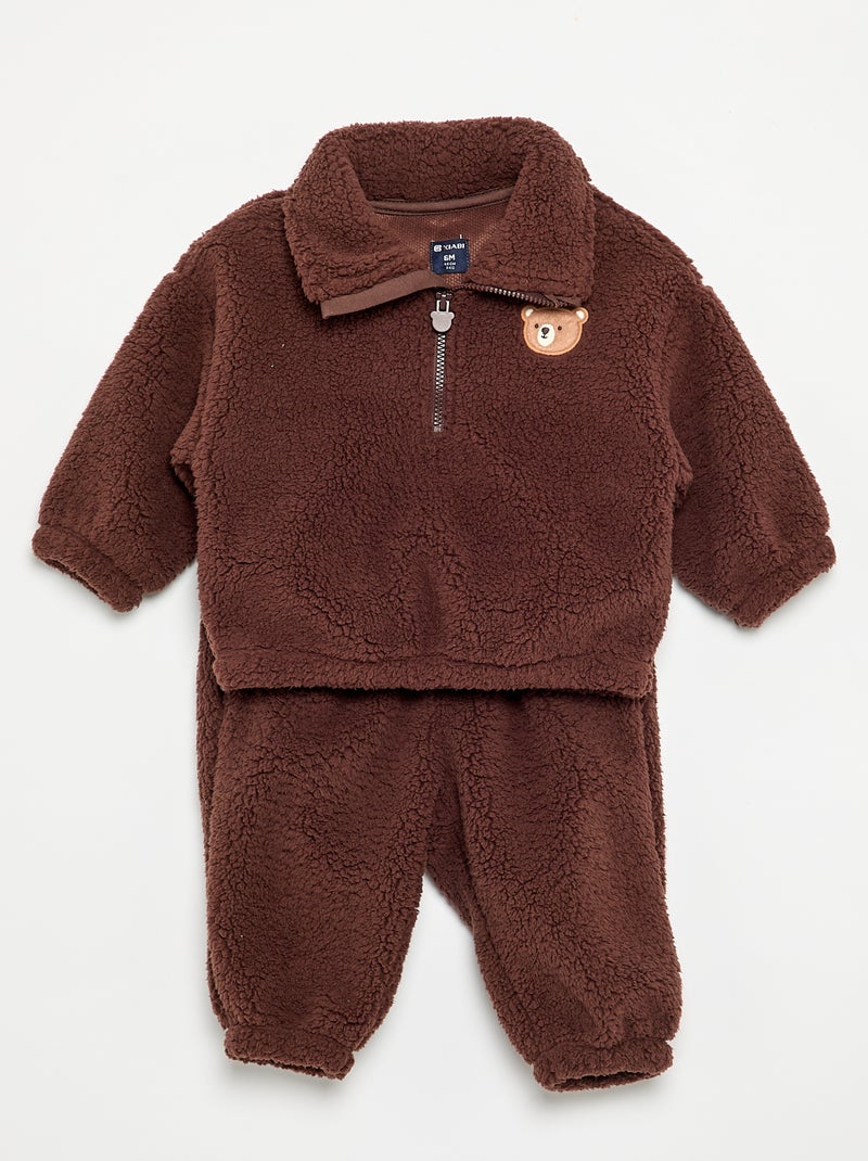 Conjunto de 2 peças em tecido com aspeto de lã de ovelha - Sweatshirt + Calças Castanho - Kiabi