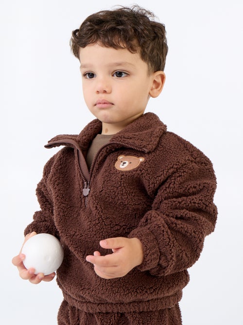 Conjunto de 2 peças em tecido com aspeto de lã de ovelha - Sweatshirt + Calças - Kiabi