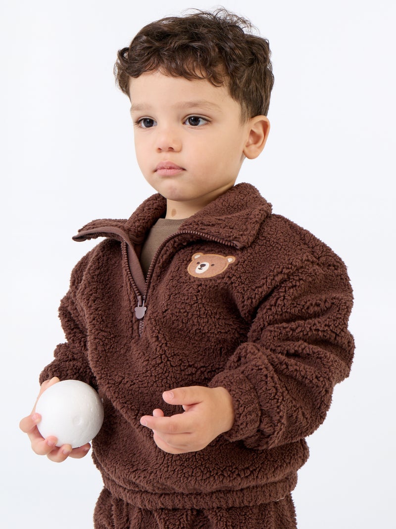 Conjunto de 2 peças em tecido com aspeto de lã de ovelha - Sweatshirt + Calças Castanho - Kiabi