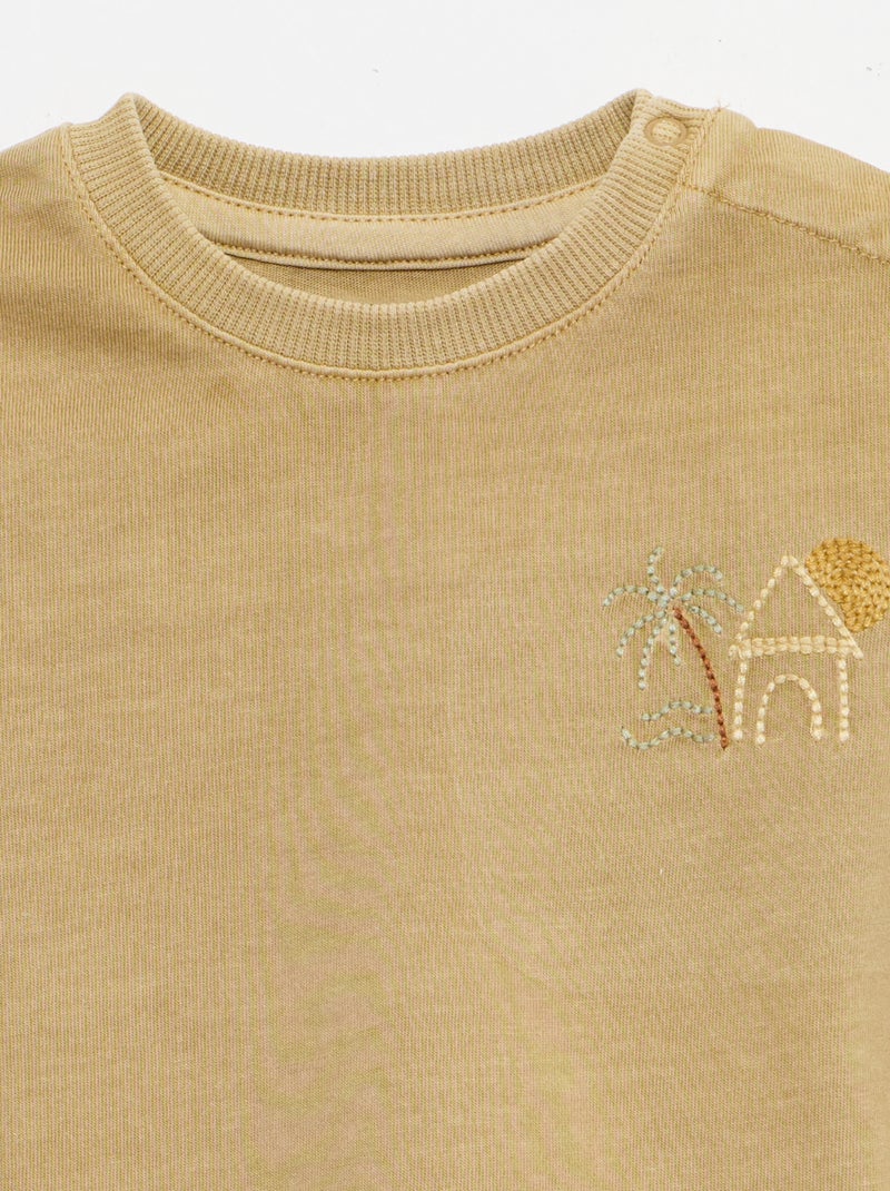 Conjunto de 2 peças: t-shirt bordada + calções Bege - Kiabi