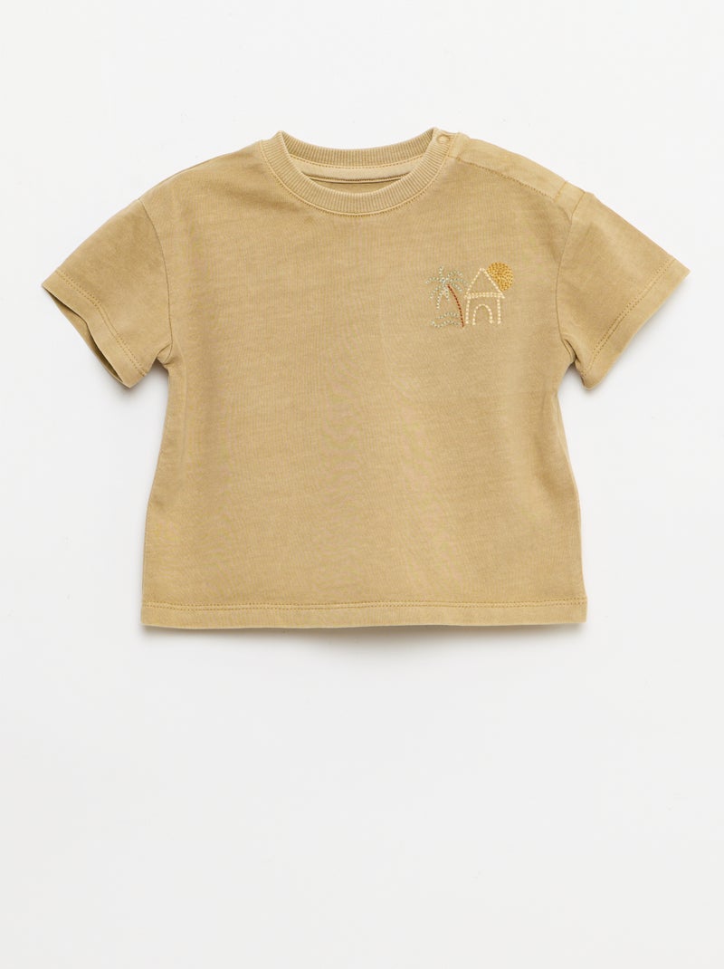 Conjunto de 2 peças: t-shirt bordada + calções Bege - Kiabi