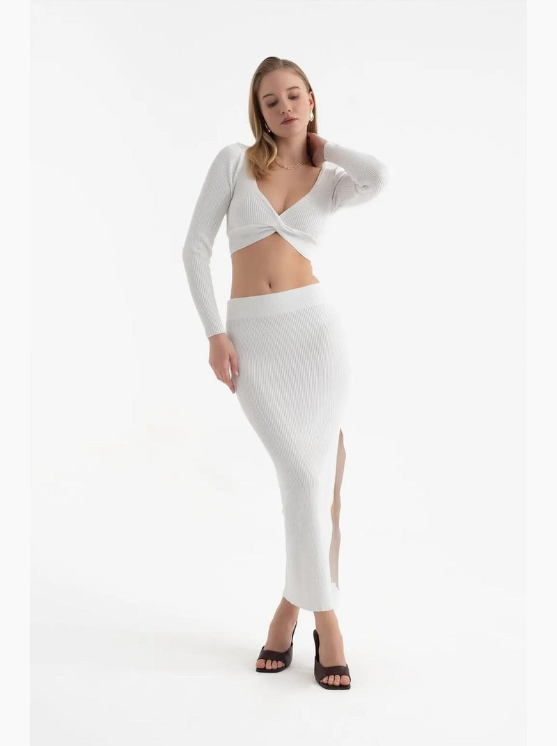 Conjunto de 2 peças: top curto de manga comprida e saia comprida com racha hiccup Branco - Kiabi