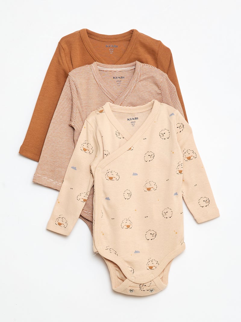 Conjunto de 3 bodies de manga comprida com abertura de molas Bege - Kiabi