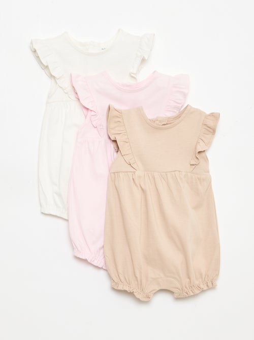 Conjunto de 3 macacões lisos com folhos - Kiabi