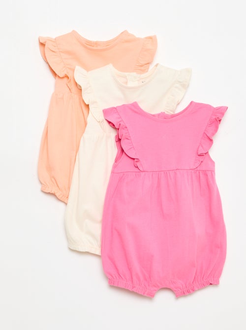 Conjunto de 3 macacões lisos com folhos - Kiabi