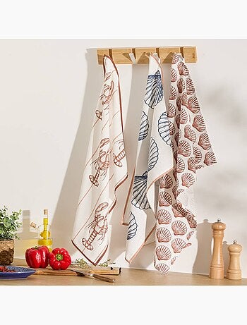 Conjunto de 3 panos de cozinha com motivos marinhos em algodão