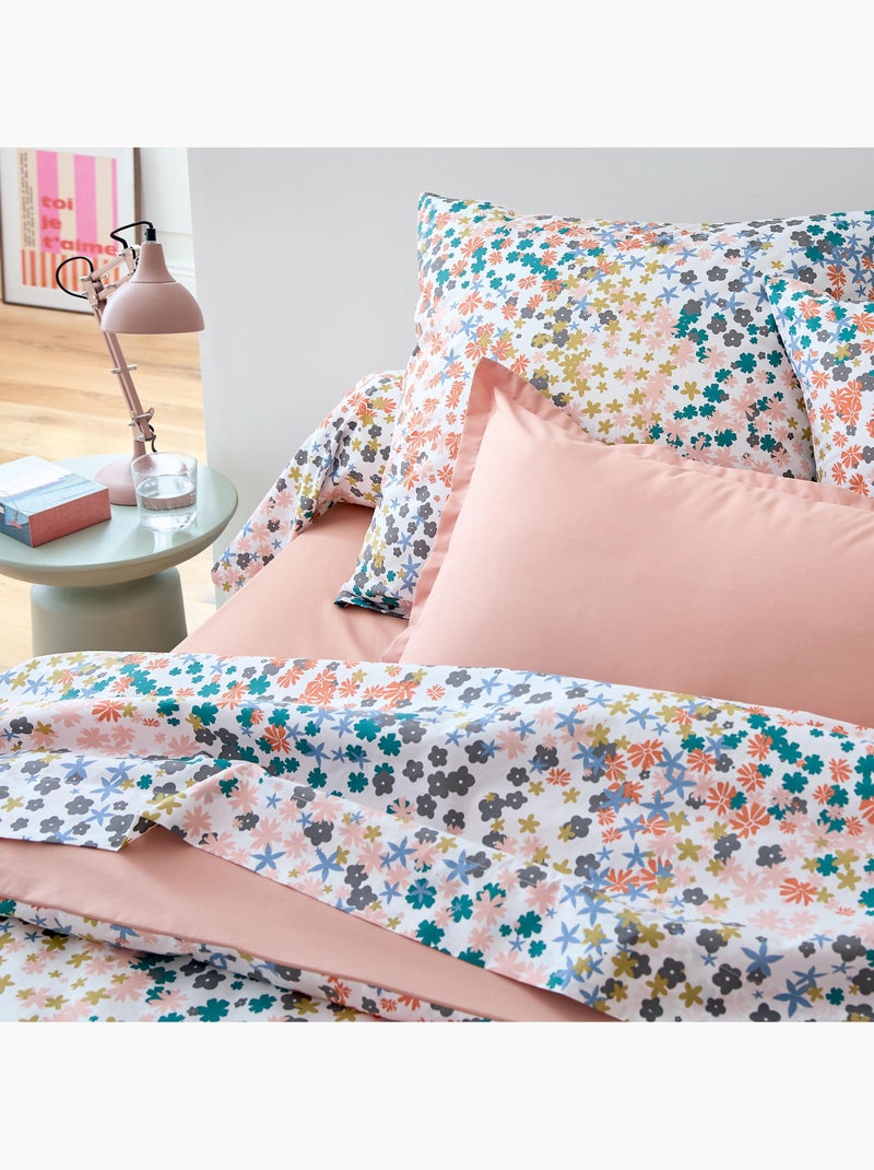 Conjunto de 3 peças de roupa de cama capa floral em percal de algodão 80 fios + fronhas Rosa - Kiabi