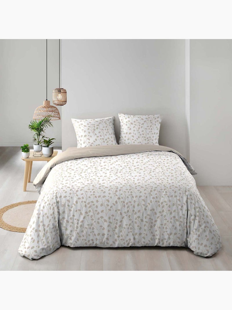 Conjunto de 3 peças de roupa de cama de algodão com desenho de pequenas folhas: capa + fronhas Bege-cinza - Kiabi