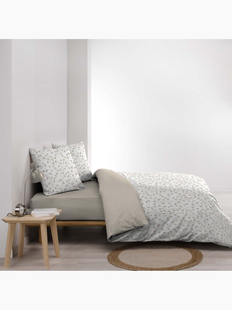 Conjunto de 3 peças de roupa de cama de algodão com desenho de pequenas folhas: capa + fronhas Bege-cinza - Kiabi