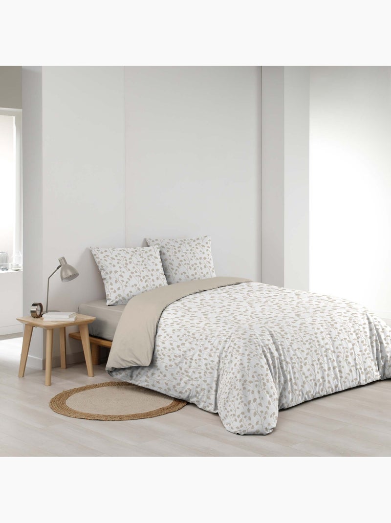 Conjunto de 3 peças de roupa de cama de algodão com desenho de pequenas folhas: capa + fronhas Bege-cinza - Kiabi