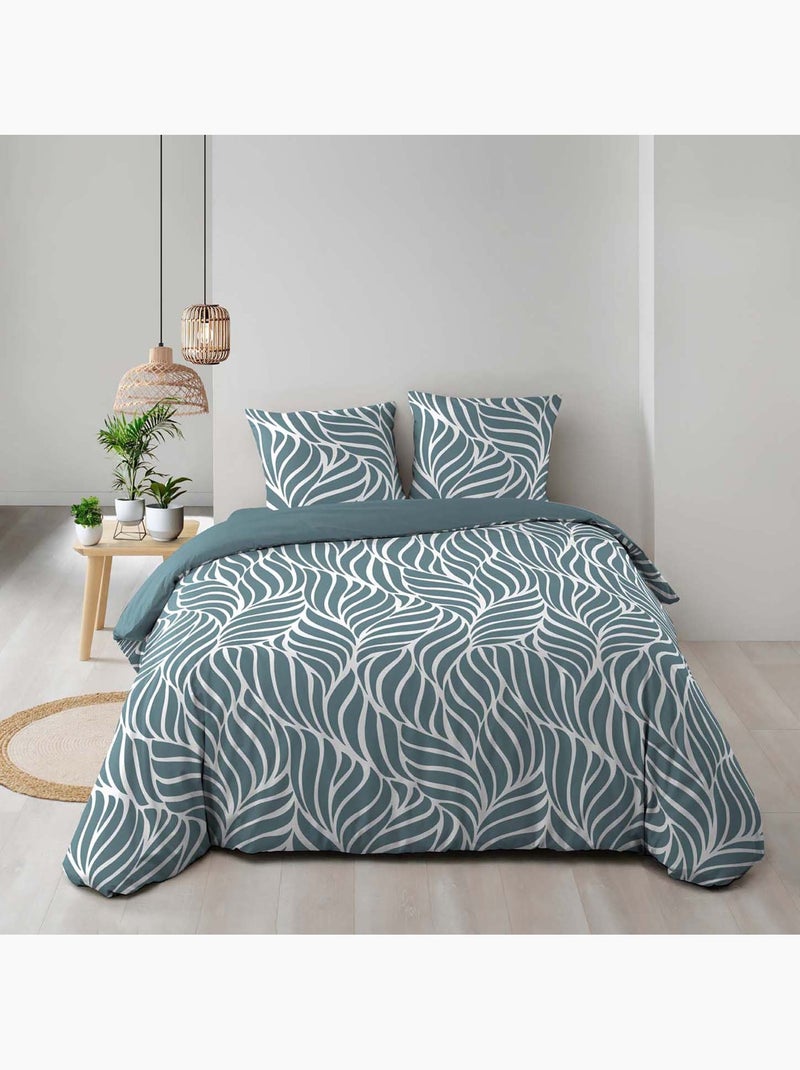 Conjunto de 3 peças de roupa de cama em algodão com desenho de folhas, capa + fronhas Azul - Kiabi