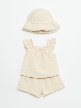 Conjunto de 3 peças em malha canelada - calções + t-shirt + chapéu de balde