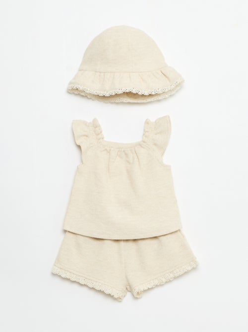 Conjunto de 3 peças em malha canelada - calções + t-shirt + chapéu de balde - Kiabi