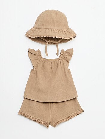 Conjunto de 3 peças em malha canelada - calções + t-shirt + chapéu de balde