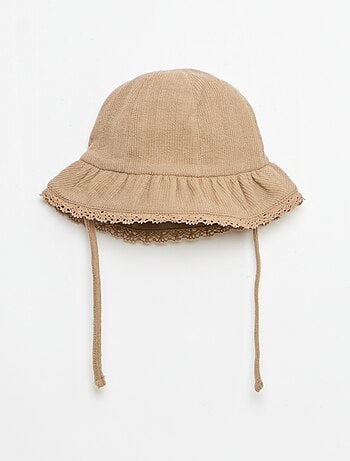 Conjunto de 3 peças em malha canelada - calções + t-shirt + chapéu de balde