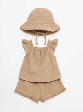 Conjunto de 3 peças em malha canelada - calções + t-shirt + chapéu de balde