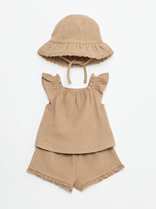 Conjunto de 3 peças em malha canelada - calções + t-shirt + chapéu de balde - Kiabi