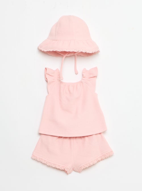 Conjunto de 3 peças em malha canelada - calções + t-shirt + chapéu de balde - Kiabi