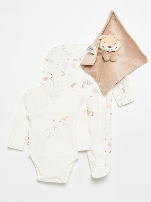 Conjunto de 3 peças 'Petit Béguin' - Body + pijama + doudou - Kiabi Conjunto de 3 peças 'Petit Béguin' - Body + pijama + doudou - Kiabi