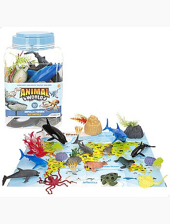 Conjunto de 30 peças de animais marinhos com tapete e acessórios. Animal world
