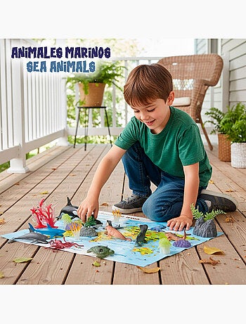 Conjunto de 30 peças de animais marinhos com tapete e acessórios. Animal world